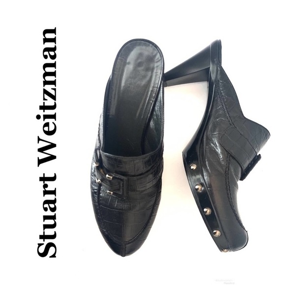 Stuart Weizman Black Croc Print leather Clog Heels - Picture 1 of 8